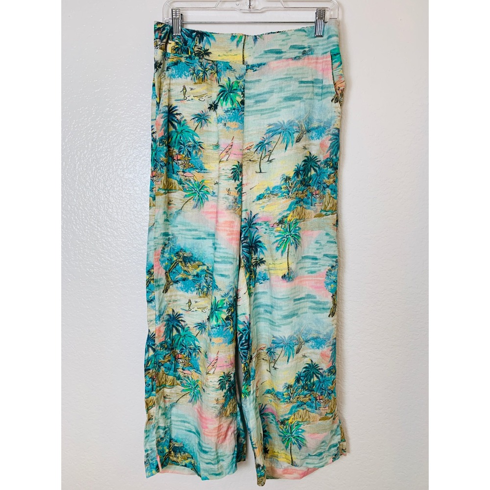 C&C California Wide Leg Pants Womens M Blue Tropical Linen Blend Beachy Boho